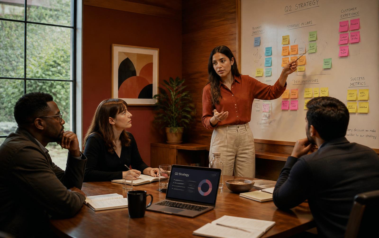 A diverse team collaborating around a strategy planning wall in a warm-toned meeting room