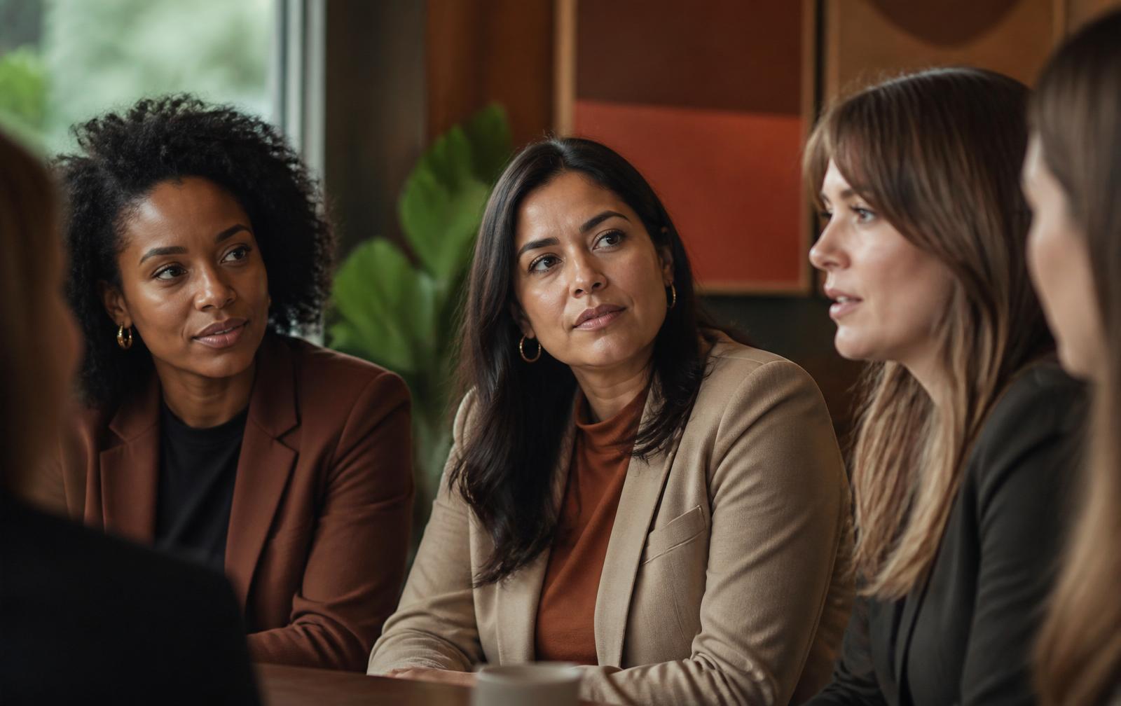 A diverse group of professional women in thoughtful conversation around a conference table